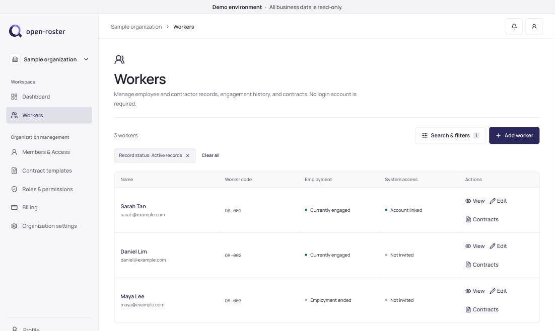 OpenRoster people and employment screen with example data