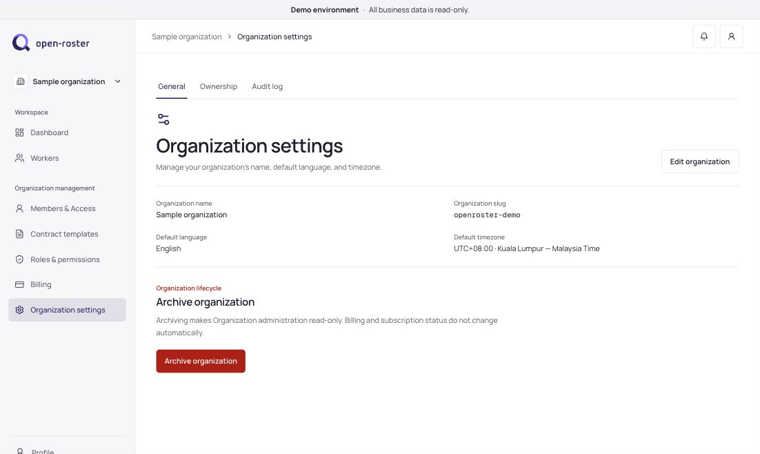 OpenRoster organization settings screen with example data