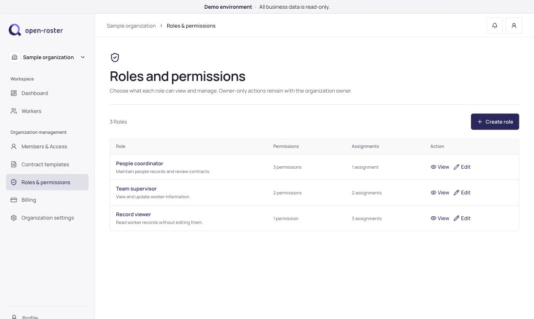 OpenRoster roles and permissions screen with example data